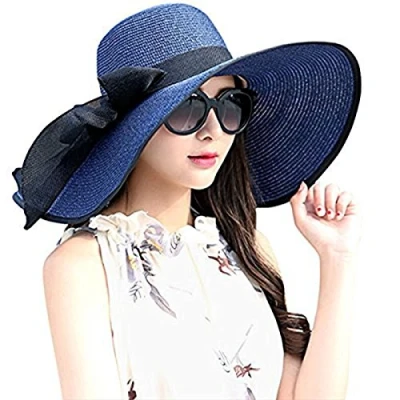 Image of DRESHOW Womens Big Bowknot Straw Hat Floppy Foldable Roll up Beach Cap Sun UPF 50+