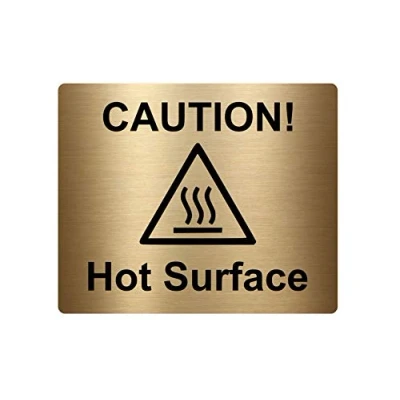 Image of Caution Hot Surface Sign Adhesive Sticker Notice, SILVER/GOLD/YELLOW/RED engraved with Universal Icon Symbol and Text (Size 12cm x 10cm) (Gold)