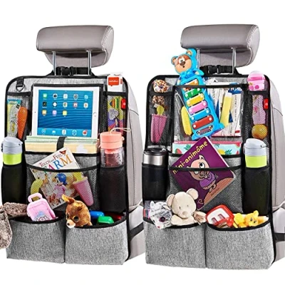 Image of Helteko Car Seat Organiser, Kick Mats Back Protector with Touch Screen Tablet Holder, Backseat Organiser for Kids, Travel Accessories, 9 Storage Pockets, 2 Pcs