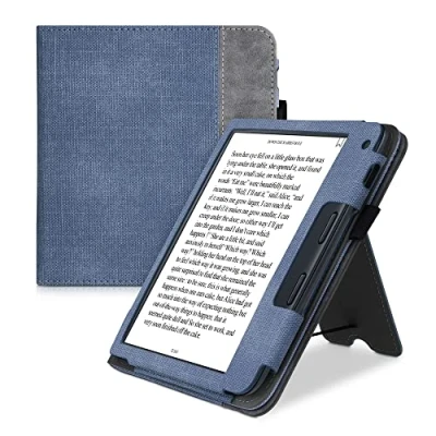 Image of kwmobile Cover Compatible with Kobo Libra 2 Faux Leather/Suede Case Stand Dark Blue/Grey