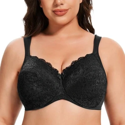Image of MELENECA Women&#039;s Full Coverage Non Padded Minimizer Underwire Floral lace Bra Black 48G