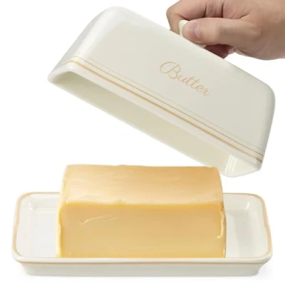 Image of Navaris Butter Dish with Lid Stoneware Holder Container Cover Holds 250g of (5.3oz) Safe for Microwave Freezer Oven Dishwasher Cream White