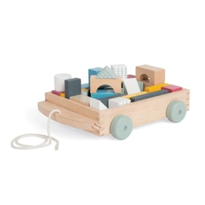 Image of Bigjigs Toys FSC® Certified Brick Pull Along Cart Wooden Wagon with Baby Blocks for 18 months +, Sustainable Toy &amp; Walker, Educational Shape Game