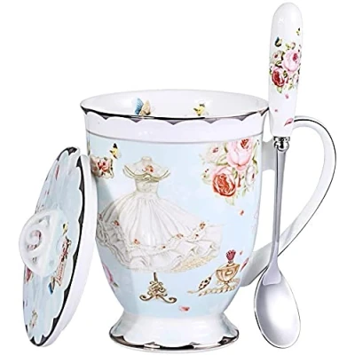 Image of KBEAZY Euro Style Porcelain Tea Cup Coffee Mug with Lid for Breakfast Home Kitchen ((Rose and Dress Pattern) (Blue))
