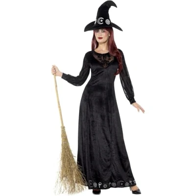 Image of Smiffys Deluxe Witch Craft Costume, Black with Dress &amp; Hat, Halloween Adult Fancy Dress, Up Costumes