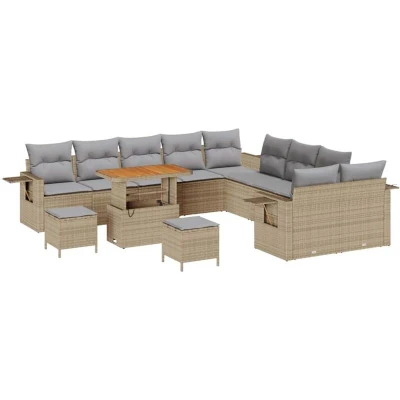 Image of vidaXL 13 Piece Garden Sofa Set with Cushions Beige Poly Rattan Acacia