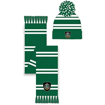Image of Harry Potter Slytherin Hat &amp; Scarf Set Winter Accessory, Green, One Size