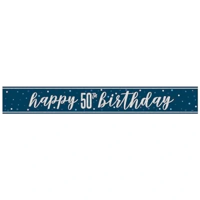 Image of Unique 82553 Foil Happy 50th Banner 2.74 m Glitz Blue Birthday Party 1 Count (Pack of 1), Multicolour