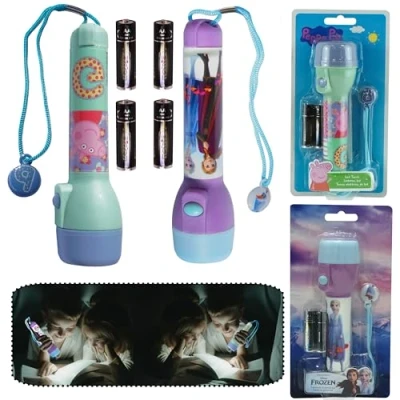 Image of HOVUK 2Pcs Kids LED Flashlight Torches of Plastic 16cm, Big Lumens Range 3.5m, Bright Night Light Toy Outdoor Gifts 3+Years (Peppa Pig and Frozen)