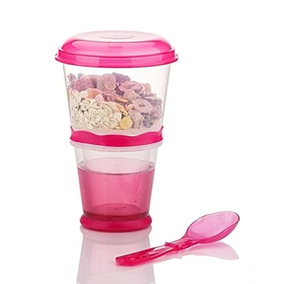 Image of KorhLeoh Cereal On The Go, Cup Container Breakfast Drink Milk Cups Portable Yogurt and Travel To Go Food Containers Storage With Straw(Pink)