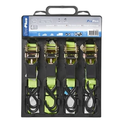 Image of ProPlus 320205 Lashing Strap with Ratchet + 2 Hooks, 5 Metres, Set of 4, Yellow/Black, de 4