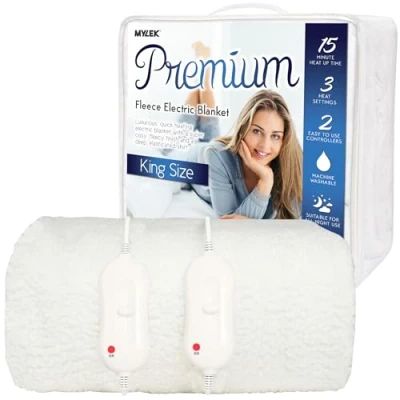 Image of MYLEK Electric Blanket King Size Bed Fleece Fitted Heated Mattress Cover Underblanket Dual Control, Elasticated Skirt, 190 x 152 40cm, Overheat Protection, Machine Washable, All Night Use