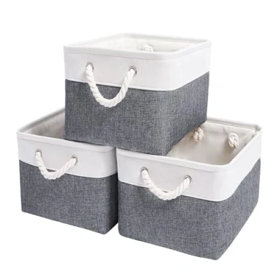 Image of Mangata Large Storage Box set of 3, Canvas Fabric Baskets with Handles for Cupboards, Wardrobe, Shelves, Bathroom, Clothes, Toys, Towel (Foldable, Cold Grey White)