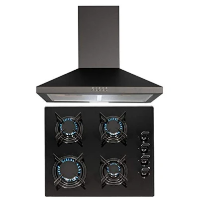 Image of SIA 60cm Black 4 Burner Gas On Glass Hob And Pyramid Chimney Cooker Hood Fan