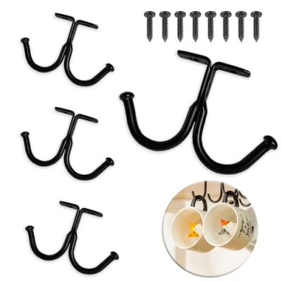 Image of UBRAVE Cup Holder Under Cabinet, 4 Pcs Mugs Hooks Shelf, Mug Rack with Double Hooks, Shelf Cabinet Bar Kitchen Glasses Storage Drying Tea Display Screws, Black