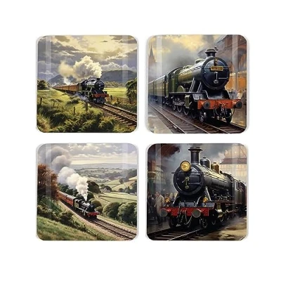 Image of Steam Trains Cork Coaster Set Square Assorted Train Locomotives of Four (4) Drinks Coasters