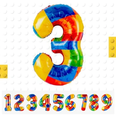 Image of Building Block Number Balloon,Number 3 Balloon Birthday Decorations,Colorful Helium for Party Decorations Lego Theme Boy Girl