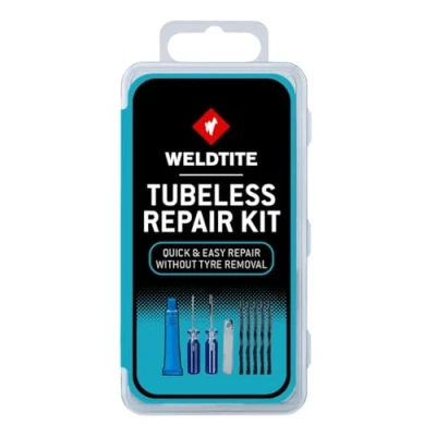 Image of WELDTITE Tubeless Bike Tyre Repair Kit with 5 x Strings, 1 Rasp Tool, Split Eye Rubber Solution, and Knife