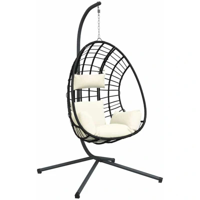 Image of vidaXL Hanging Egg Chair with Stand Beige Rattan and Steel
