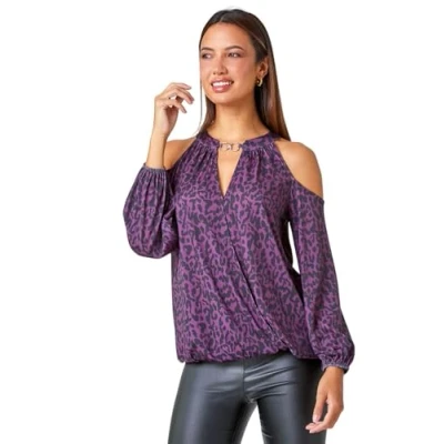 Image of Roman Originals Abstract Print Cold Shoulder Stretch Top for Women UK Ladies Everyday Autumn Winter Round Neckline Comfy Soft Evening Vacation Work Party Night Out Purple Size 18