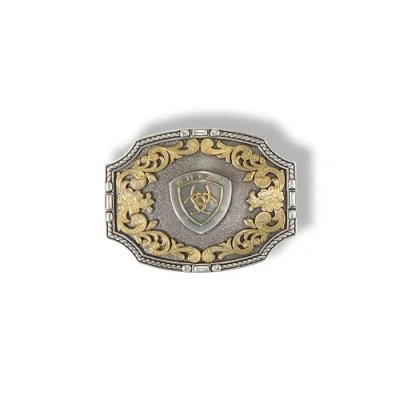 Image of ARIAT Rectangle Buckle with Emblem, Antique Silver Rope Edge and Gold Floral Accents, 3&quot; x 4&quot;, Silver/Gold, 4&quot;