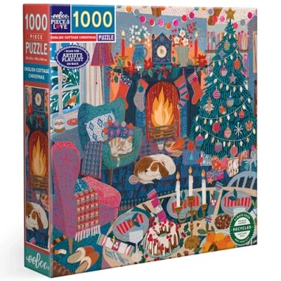Image of eeBoo piece and Love English Cottage Christmas 1000 square adult Jigsaw Puzzle