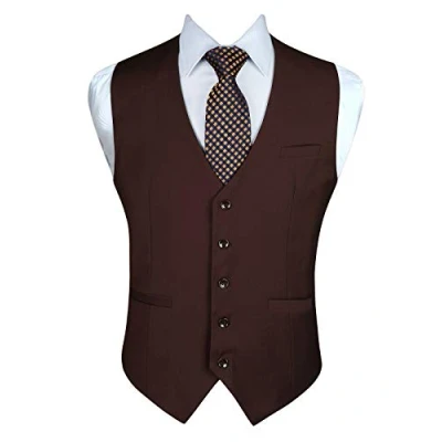 Image of Enlision Mens Brown Waistcoat Formal Plain Waistcoats Wedding Solid Colour Tuxedo Business Suit Vest with Pockets L