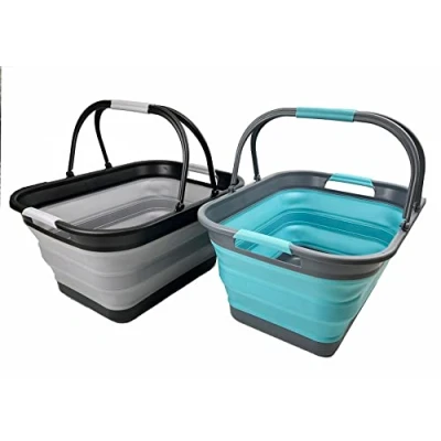 Image of SAMMART 29L Set of 2 Collapsible Tub with Handle Portable Outdoor Picnic Basket/Crater Foldable Shopping Bag Space Saving Storage Container (Alloy Grey + Crystal Blue)