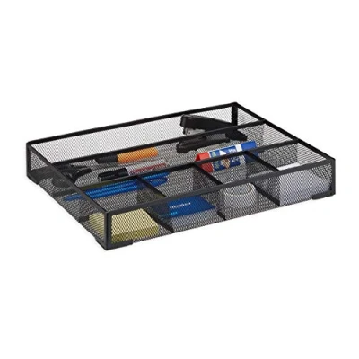 Image of Relaxdays Anti Slip Storage Box with 6 Compartments Metal Mesh Desk Organizer Large H: x 38 30 cm Black