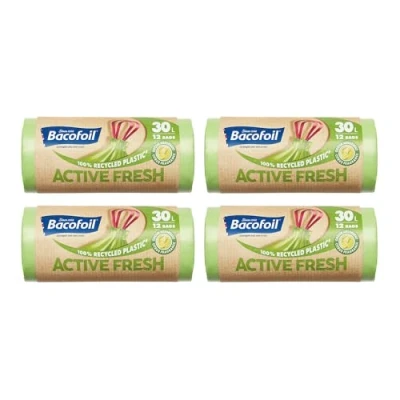 Image of Bacofoil Active Fresh 30L Bin Liners 48 Recycled Bags (4 Rolls) Leak Proof Design, Citrus Fragrance Odour Prevention, Eco Friendly Waste Disposal