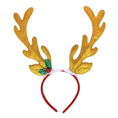 Image of PARTYRAMA.CO.UK Gold Reindeer Antlers Glitter Headband with Holly