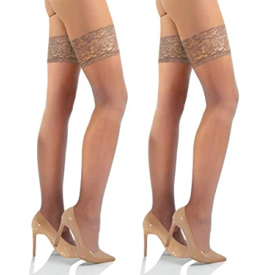Image of Sesto Senso 2 Pack Women&#039;s Hold Ups Stockings Sexy Lace Top 15 Denier Beige 3/4 M L Cypria