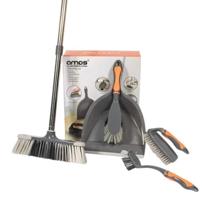 Image of AMOS 5 in 1 Cleaning Set Perfect for Kitchens and Homes Includes Broom, Dustpan, Hand Brush, Scrubbing Dish Brush Grey