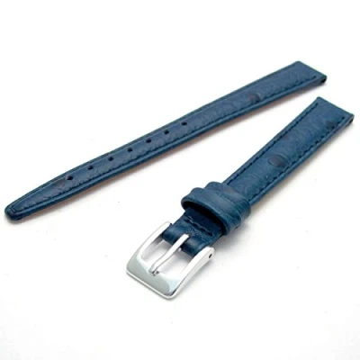 Image of Ladies Genuine Leather Watch Strap Band Ostrich Grain 12mm Dark Blue with Chrome (Silver Colour) Buckle WH1013S