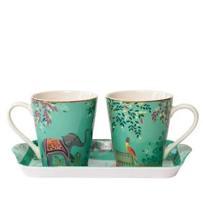 Image of Sara Miller India Collection Mug &amp; Tray Set Elephant&#039;s Oasis Light Jade