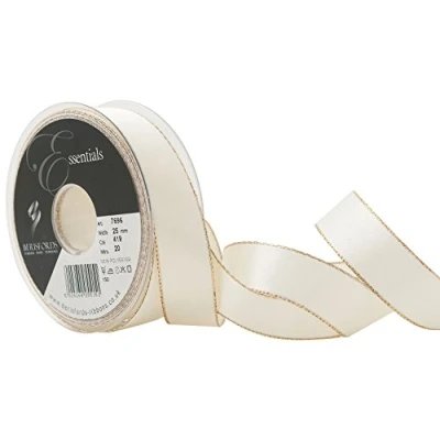 Image of Berisfords Gold Edge Satin Ribbon, Bridal White, 25 mm