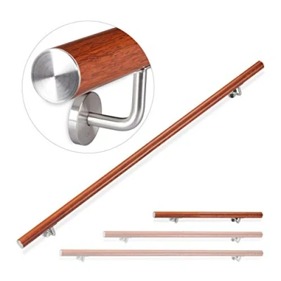 Image of Relaxdays Aluminium Handrail, Round, In &amp; Outdoor Use, Oak Look, Bannister, 100 cm, Ø 42mm, With Brackets, Brown