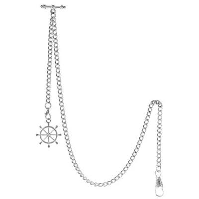 Image of TREEWETO Men&#039;s Albert Chain Pocket Watch Curb Link Key 2 Hooks with Antique Silver Rudder Pendant Design Charm Fob T Bar