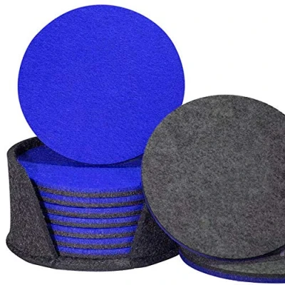 Image of Felt Coasters Set of 8 with Coaster Holder, Double Sided Plain Round for Drinks, 5mm Thick Highly Absorbent Cup Mats (Blue, Grey)