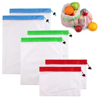 Image of RuiChy 6 Pcs Reusable Produce Bags Washable Mesh Pouch Toy Storage Organizer Versatile See Through Drawstring Bag for Toys Grocery Fruits Vegetables and Small Items (3 Various Sizes)