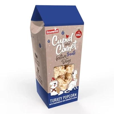 Image of Cupid &amp; Comet Popcorn for Dogs, Gingerbread Cinnamon Flavour, Christmas Themed Dog Treats, 30g Festive, Tasty Snacks by Rosewood