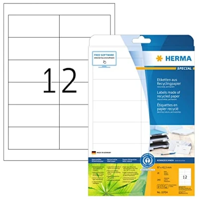 Image of HERMA Self Adhesive Recycling Labels, 12 Labels per A4 Sheet, 20 Sheets, 97 x 42.3 mm, 240 100% Recycled Paper Stickers, Sticky for Laser &amp; Inkjet Printer, Natural White