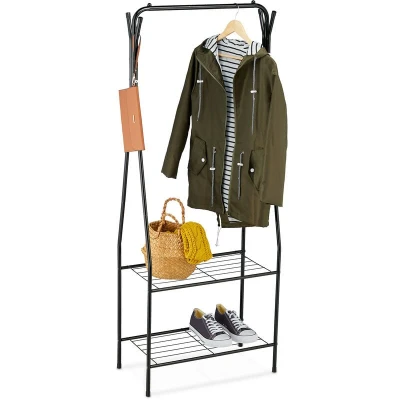 Image of Relaxdays Coat Rack Metal, 2 Shelves &amp; 4 Hooks, Free Standing Clothes Rail, Hallway Storage, HWD: 158 x 60 33cm, Black, Iron, 33 cm