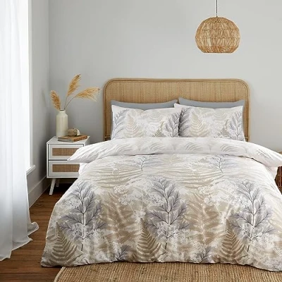 Image of Catherine Lansfield Floral Foliage Reversible Single Duvet Cover Set with Pillowcase Natural