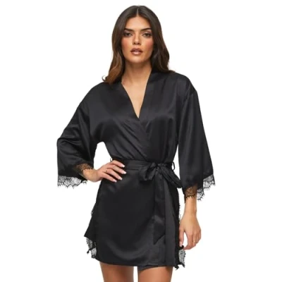 Image of Ann Summers Cherryann Sustainable Silk Satin Robe for Women, Robe, Lace Trim, Dressing Gown Women