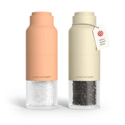 Image of LARS NYSØM Salt and Pepper Grinder Set Stainless Steel with Adjustable I Bottle Design Spice Mills Manual (Peach/Beige)