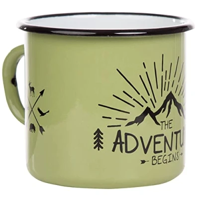 Image of MUGSY Enamel Mug with Saying The Adventure Begins, 330 ml, Camping Mug, Equipment, Retro Design, Green