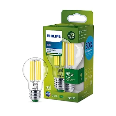 Image of PHILIPS Ultra Efficient Energy Saving Lights, LED Light Source, 75W, A60, E27, Cool White 4000 Kelvin, Clear