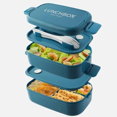 Image of HENSHOW 2 Layer Lunch Box 1500ml Bento with Cutlery Set, Leak Proof Container Compartments for Adults Men Women, BPA Free, Microwave Safe, Blue
