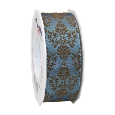 Image of C.E. Pattberg Präsent Brixen Wired &amp; Printed Ribbon Petrol Brown 40 mm width, 20 m length